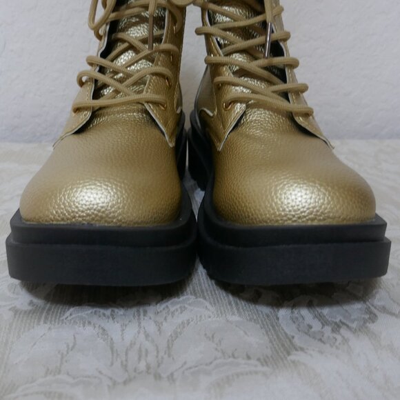 Gold Combat Mid Calf Lace Up Boots Zipper Detail Lug Heels Womens 43/12 - Picture 8 of 12